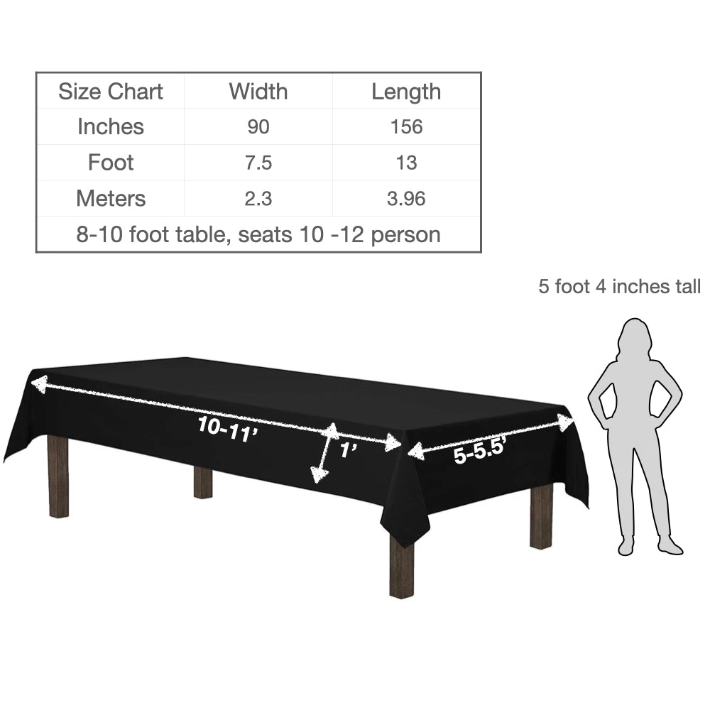 URBY 90 X 156 Inch Polyester Rectangular Table Cloth For 8-10 Foot Table That Seats 10-12 Person - Fits Extra Long Tables Or Cut To Fit Smaller Tables - Machine Wash Reusable And Wrinkle Free - Black 5 URBY 90 X 156 Inch Polyester Rectangular Table Cloth For 8-10 Foot Table That Seats 10-12 Person - Fits Extra Long Tables Or Cut To Fit Smaller Tables - Machine Wash Reusable And Wrinkle Free - Black