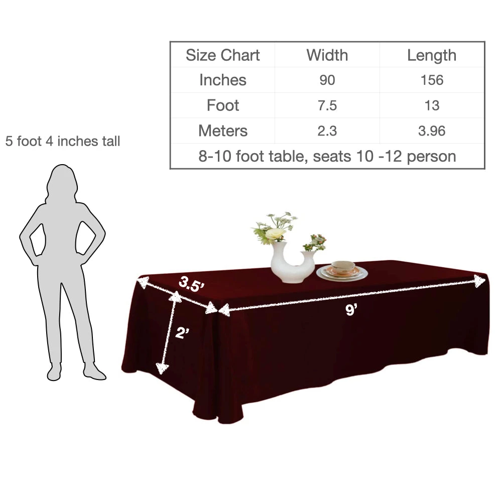 URBY 90 X 156 Inch Polyester Rectangular Table Cloth For 8-10 Foot Table That Seats 10-12 Person - Fits Extra Long Tables Or Cut To Fit Smaller Tables - Machine Wash Reusable And Wrinkle Free - Burgundy URBY TableCloth 4 URBY 90 X 156 Inch Polyester Rectangular Table Cloth For 8-10 Foot Table That Seats 10-12 Person - Fits Extra Long Tables Or Cut To Fit Smaller Tables - Machine Wash Reusable And Wrinkle Free - Burgundy URBY TableCloth