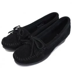 Minnetonka Kilty Black Wedge Moccasin Women's Footwear